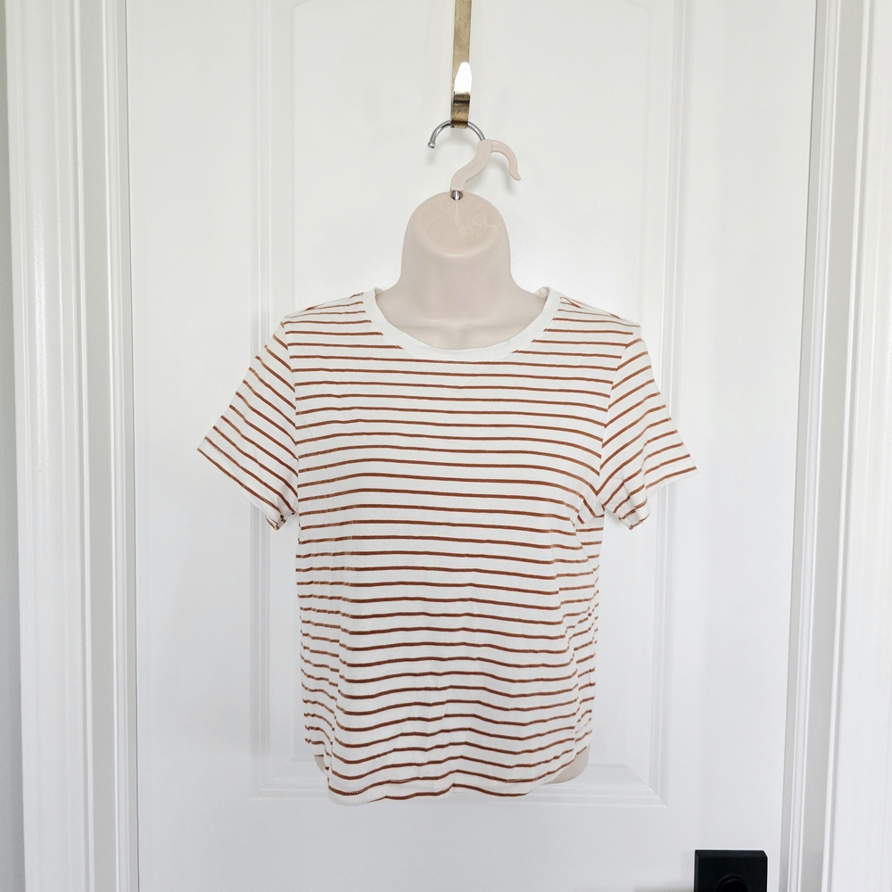 Old Navy White and Brown Striped Short Sleeve Tee Sz Medium Worn 1x